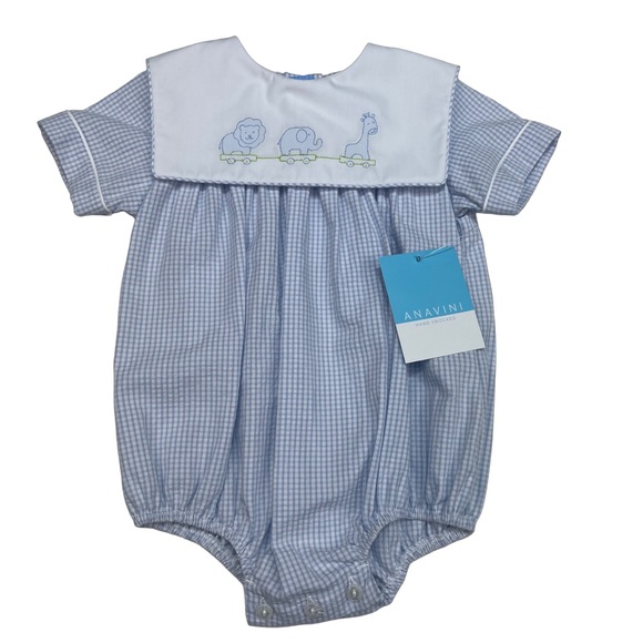 Anavini Other - NWT Anavini Shadow Stitch Animal Pull Toy Blue Gingham Bubble Romper